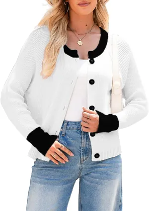 Sidefeel Women's 2024 Fall Long Sleeve Crewneck Cropped Cardigan Sweaters Contrast Button Down Knit Sweaters Coat