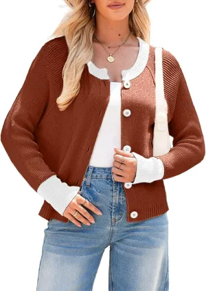 Sidefeel Women's 2024 Fall Long Sleeve Crewneck Cropped Cardigan Sweaters Contrast Button Down Knit Sweaters Coat