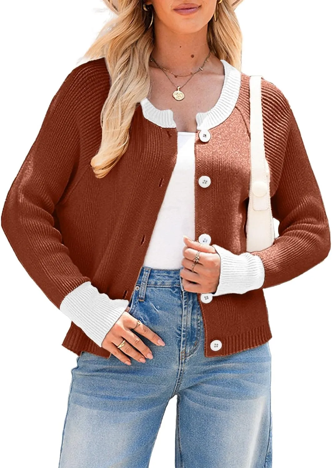 Sidefeel Women's 2024 Fall Long Sleeve Crewneck Cropped Cardigan Sweaters Contrast Button Down Knit Sweaters Coat