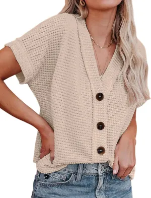 SimpleFun Womens Summer Tops Short Sleeve V Neck Waffle Knit Button Down Shirts Dressy Casual Blouses