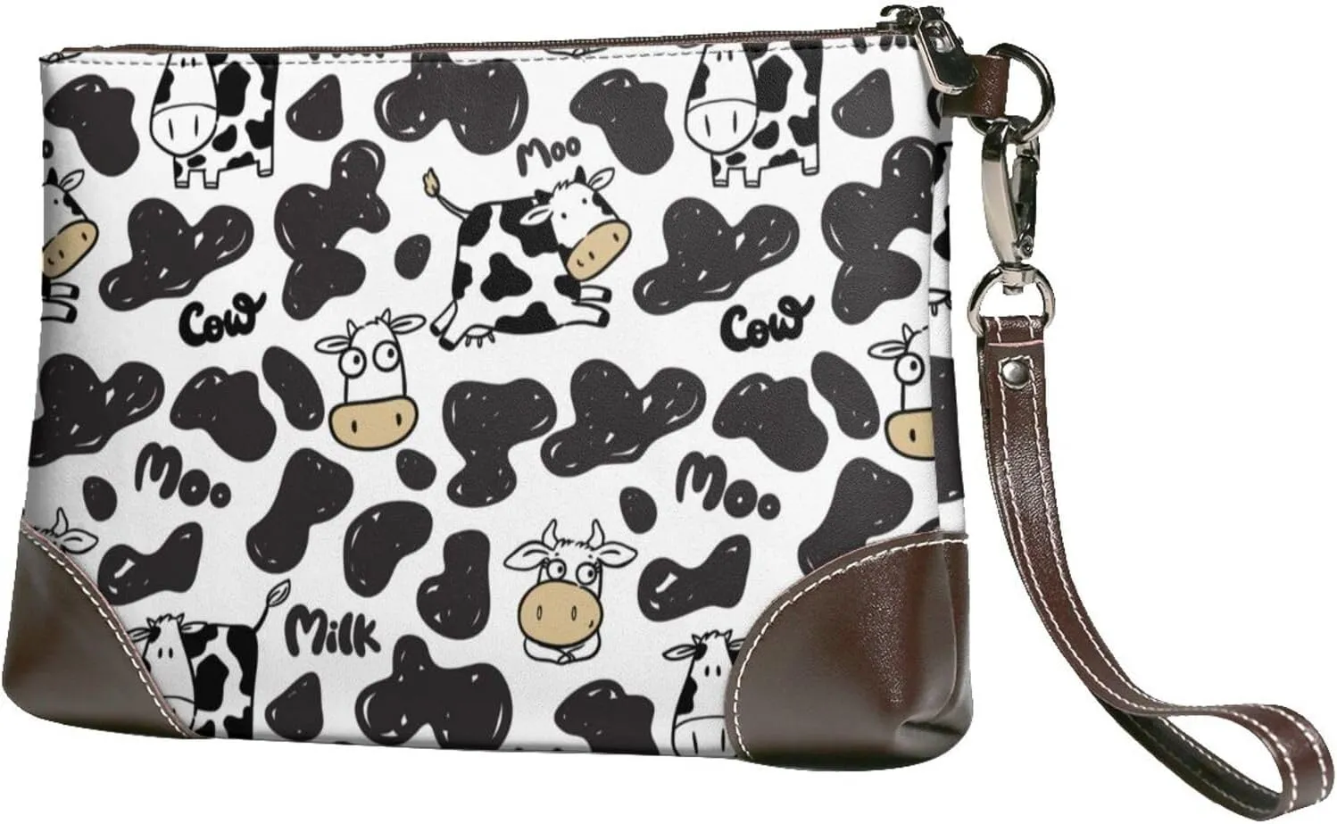Small Clutch Purses for Women - Edgy Cartoon Cute Cow Black White Leather Wristlet Wallets for Women with Wrist Strap