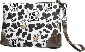 Small Clutch Purses for Women - Edgy Cartoon Cute Cow Black White Leather Wristlet Wallets for Women with Wrist Strap