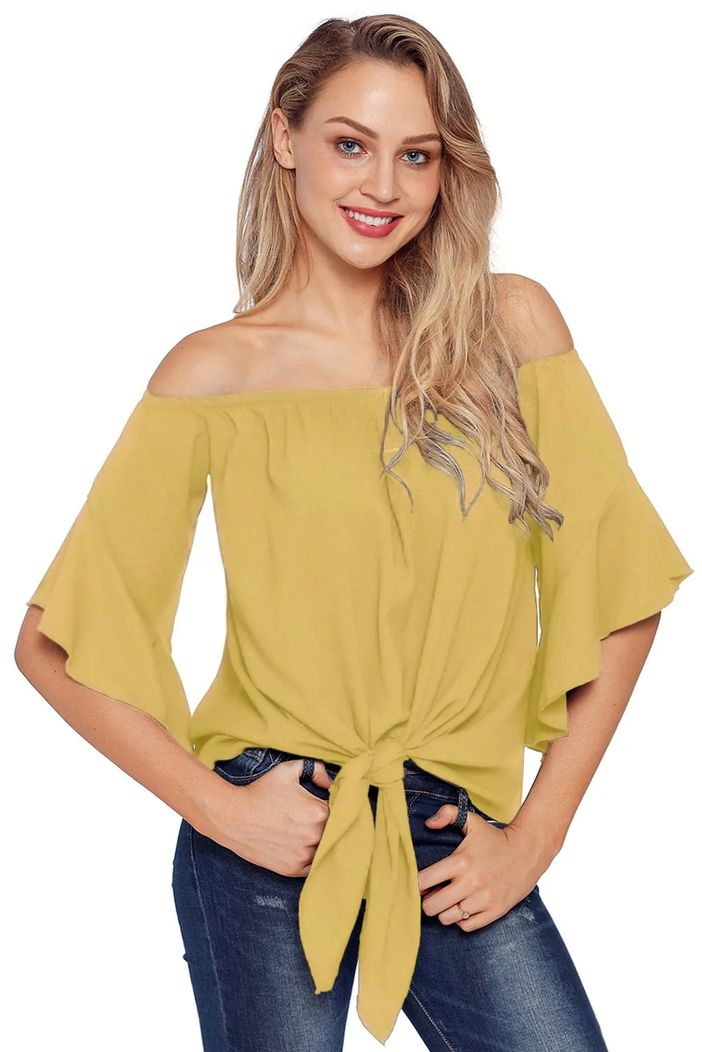Solid Off-the-shoulder Knot Front Blouse