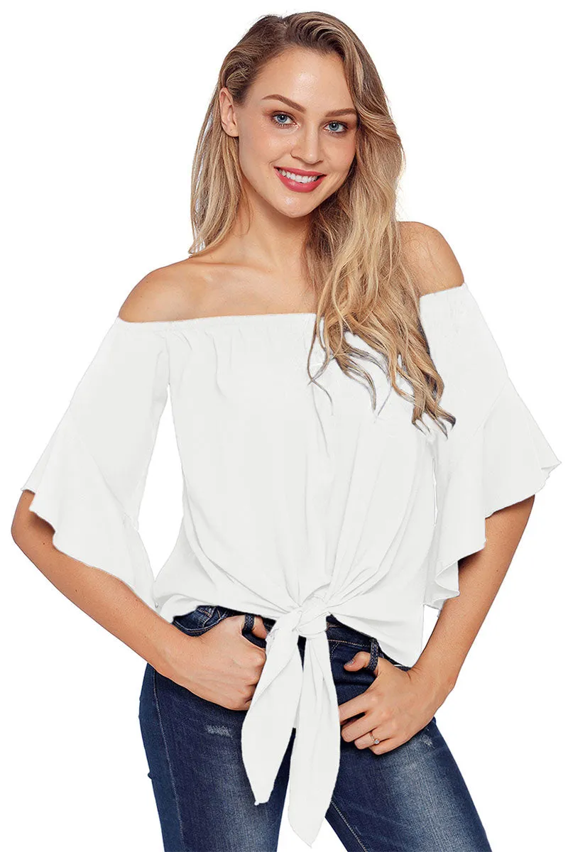 Solid Off-the-shoulder Knot Front Blouse