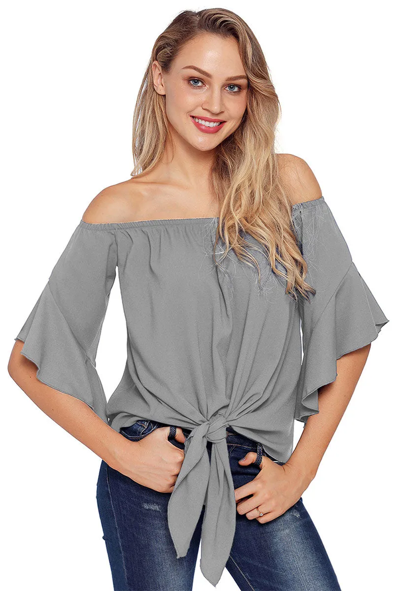 Solid Off-the-shoulder Knot Front Blouse