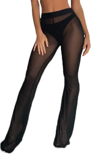 Springcmy Women Ruffle Sheer Mesh Pants See Through Bikini Bottom Swimsuit Cover up Wide Leg Beach Pants