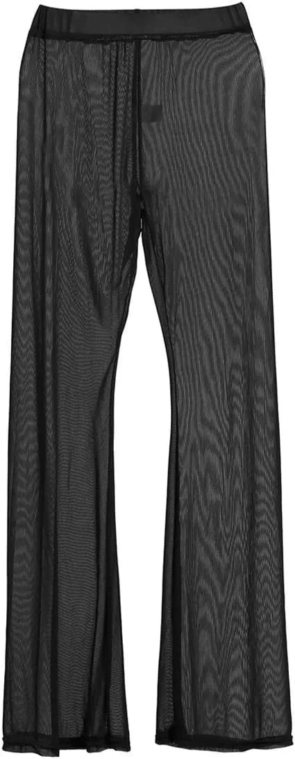 Springcmy Women Ruffle Sheer Mesh Pants See Through Bikini Bottom Swimsuit Cover up Wide Leg Beach Pants
