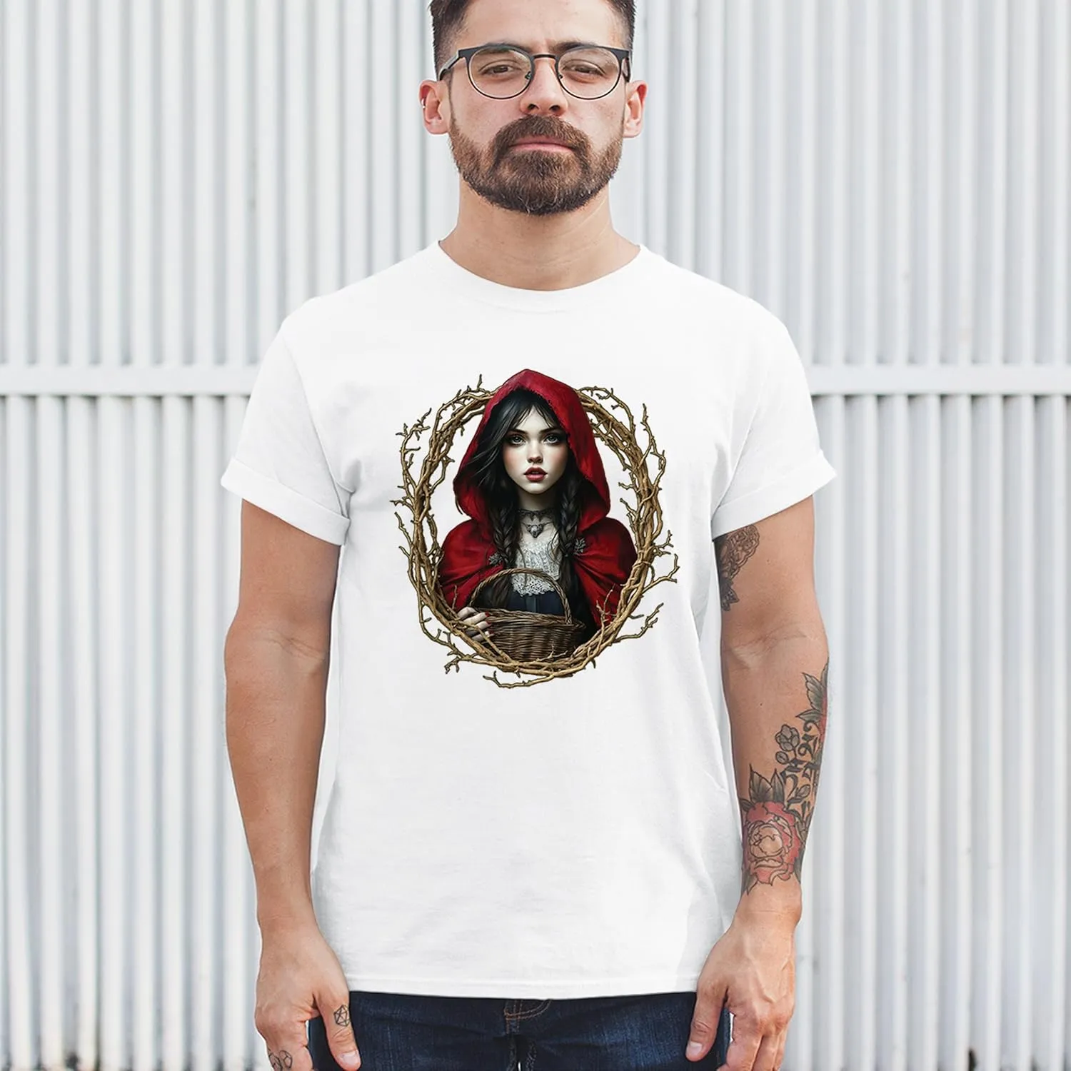 Storybook Red Riding Hood Men's T-Shirt Gothic Fairytale Cute Little Girl Forest Fantasy Witchy Cloak Cartoon Men's Tee
