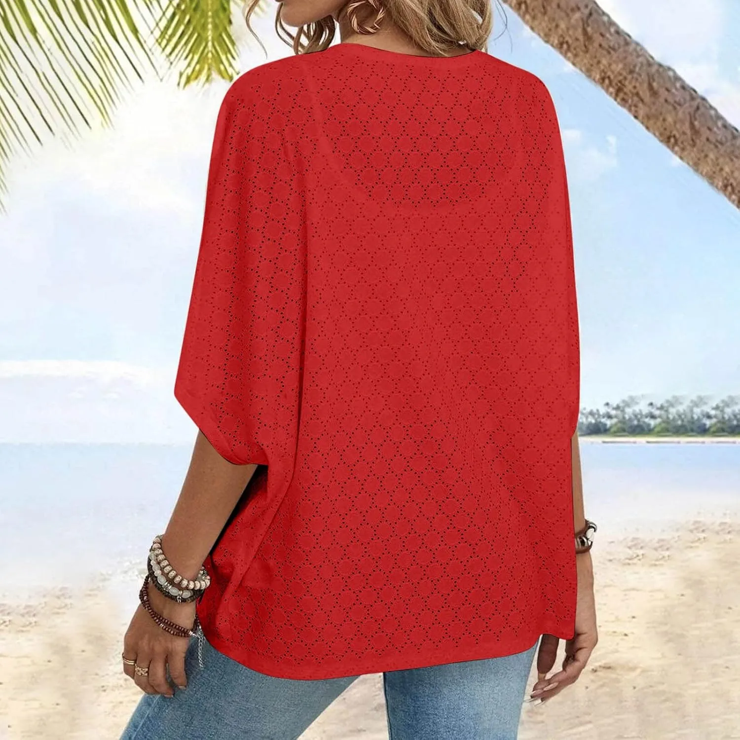 Summer Cardigans for Women Lightweight Kimono Cardigan Short Sleeve Eyelet Loose Fit Beach Wear Casual Cover Up Tops