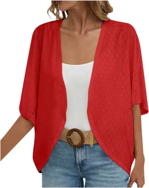 Summer Cardigans for Women Lightweight Kimono Cardigan Short Sleeve Eyelet Loose Fit Beach Wear Casual Cover Up Tops