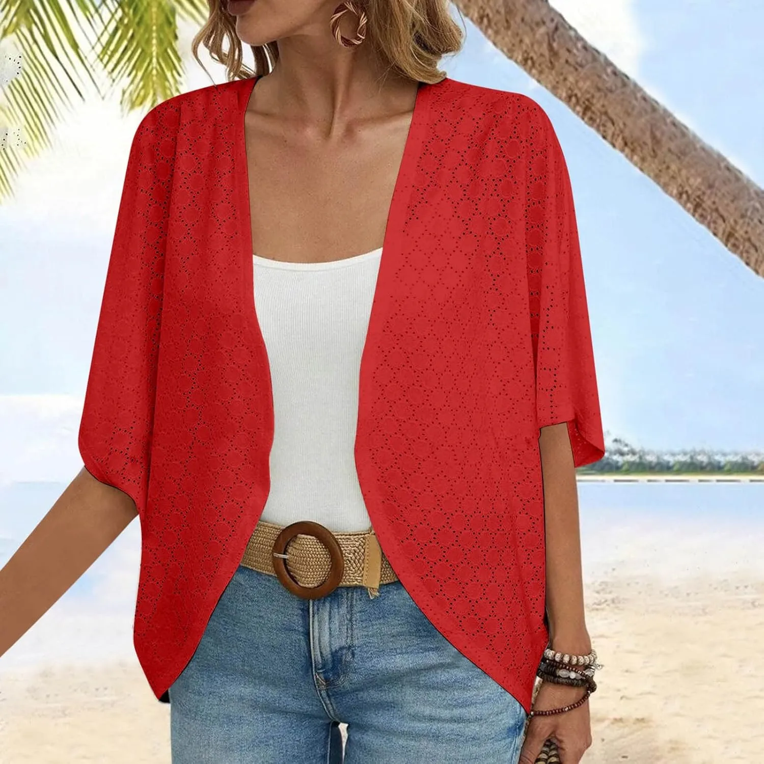 Summer Cardigans for Women Lightweight Kimono Cardigan Short Sleeve Eyelet Loose Fit Beach Wear Casual Cover Up Tops