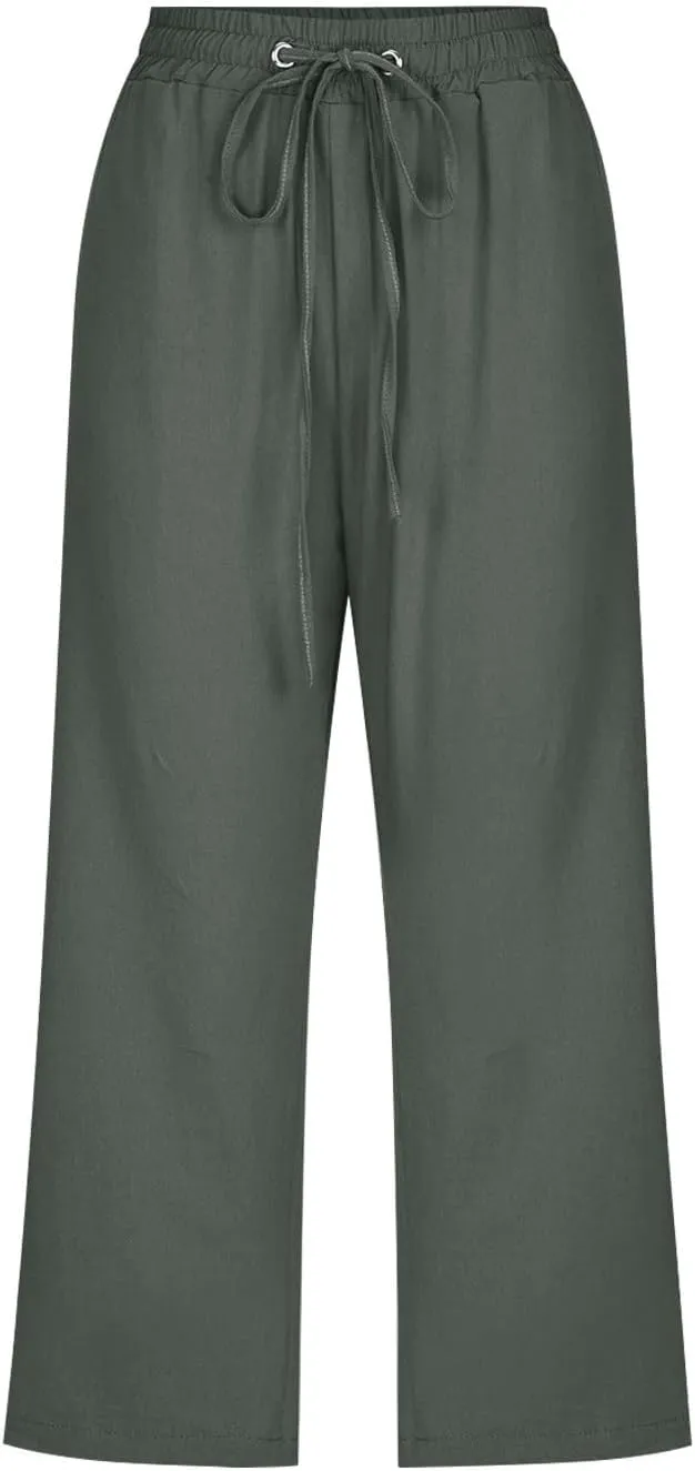 Summer Cotton Linen Capri Pants for Women Straight Wide Leg Cropped Trousers with Elastic Drawstring Waist