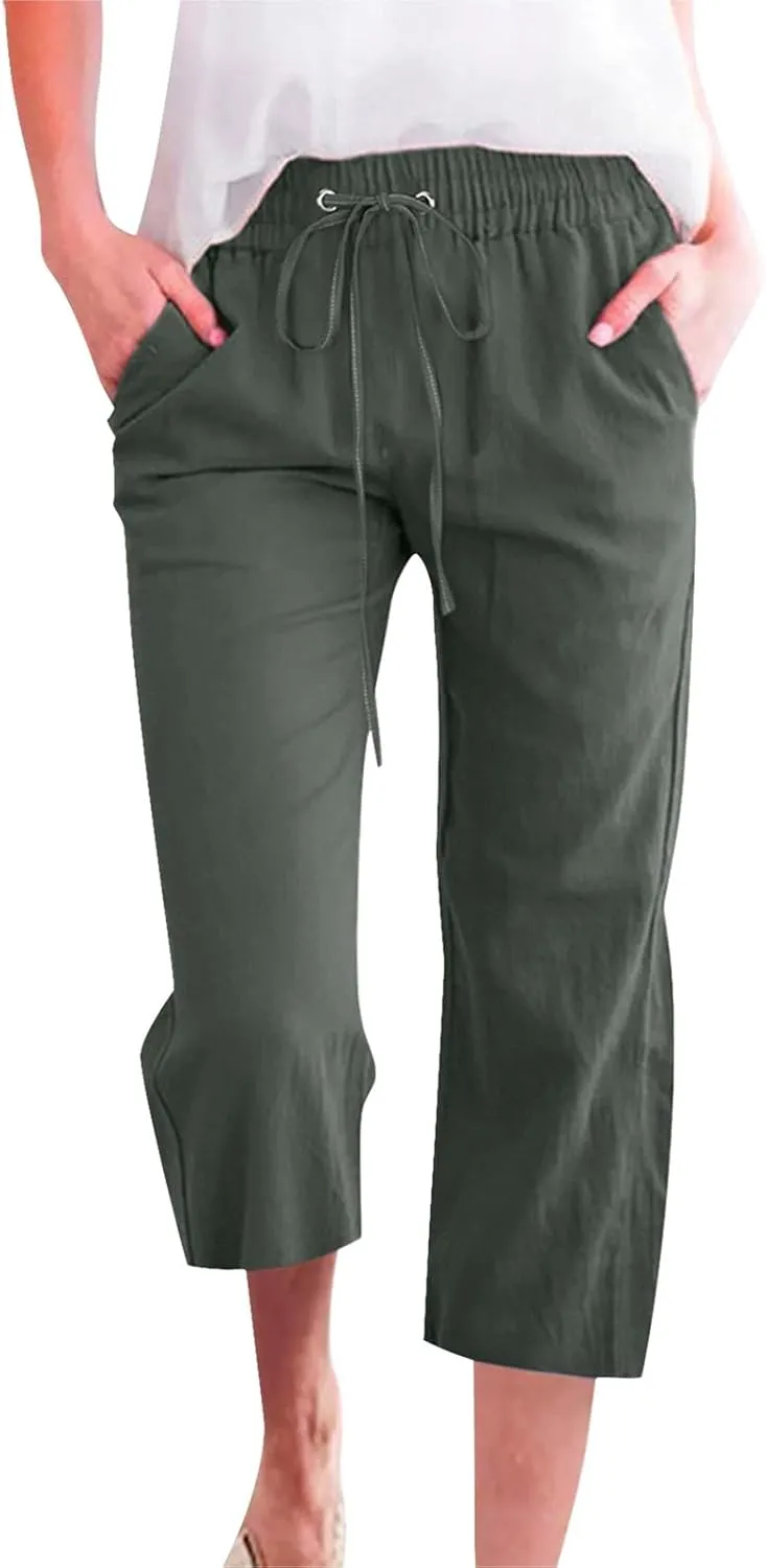 Summer Cotton Linen Capri Pants for Women Straight Wide Leg Cropped Trousers with Elastic Drawstring Waist
