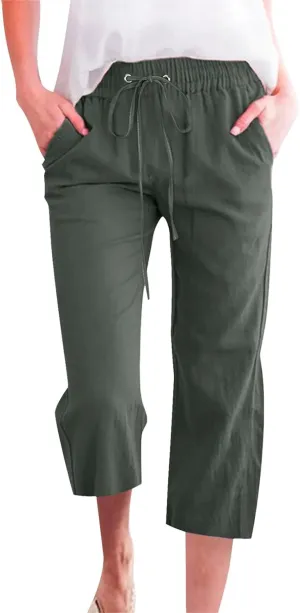 Summer Cotton Linen Capri Pants for Women Straight Wide Leg Cropped Trousers with Elastic Drawstring Waist