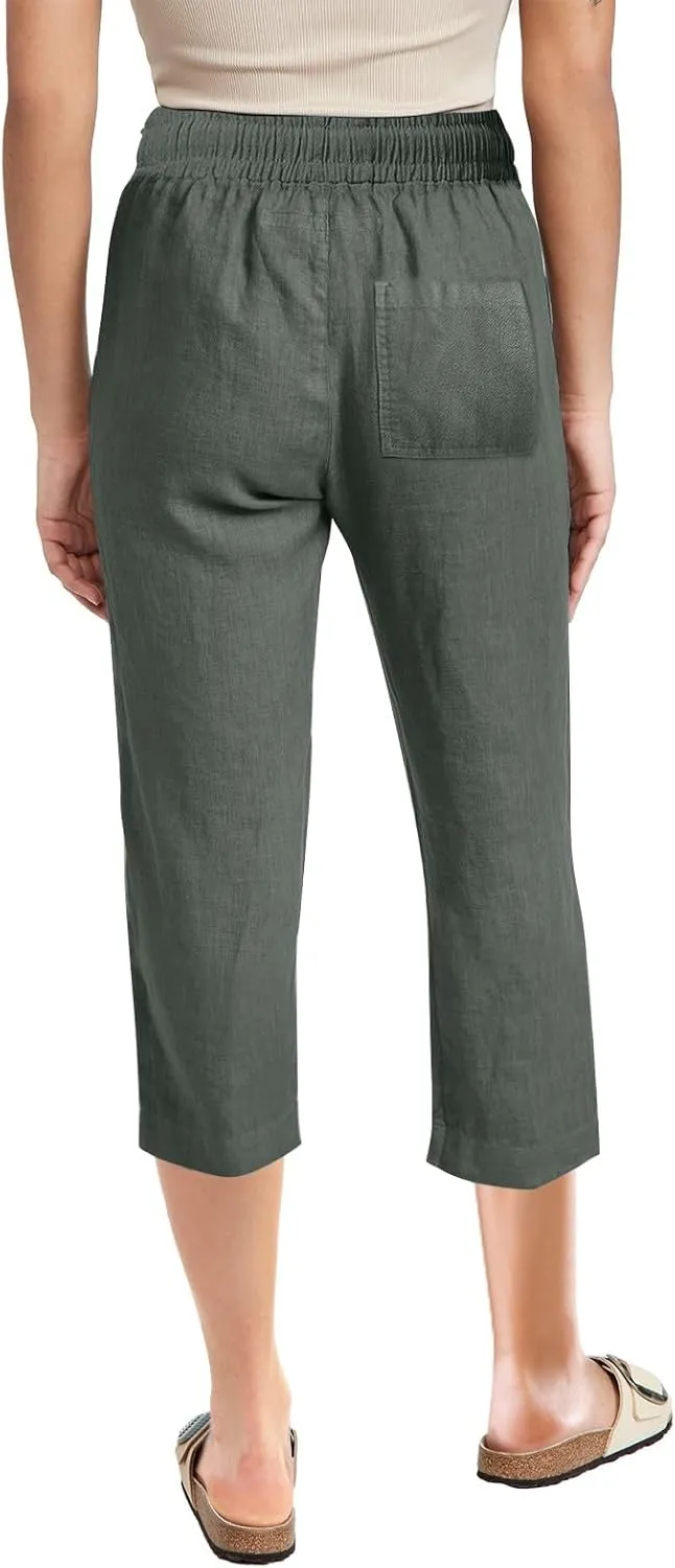 Summer Cotton Linen Capri Pants for Women Straight Wide Leg Cropped Trousers with Elastic Drawstring Waist