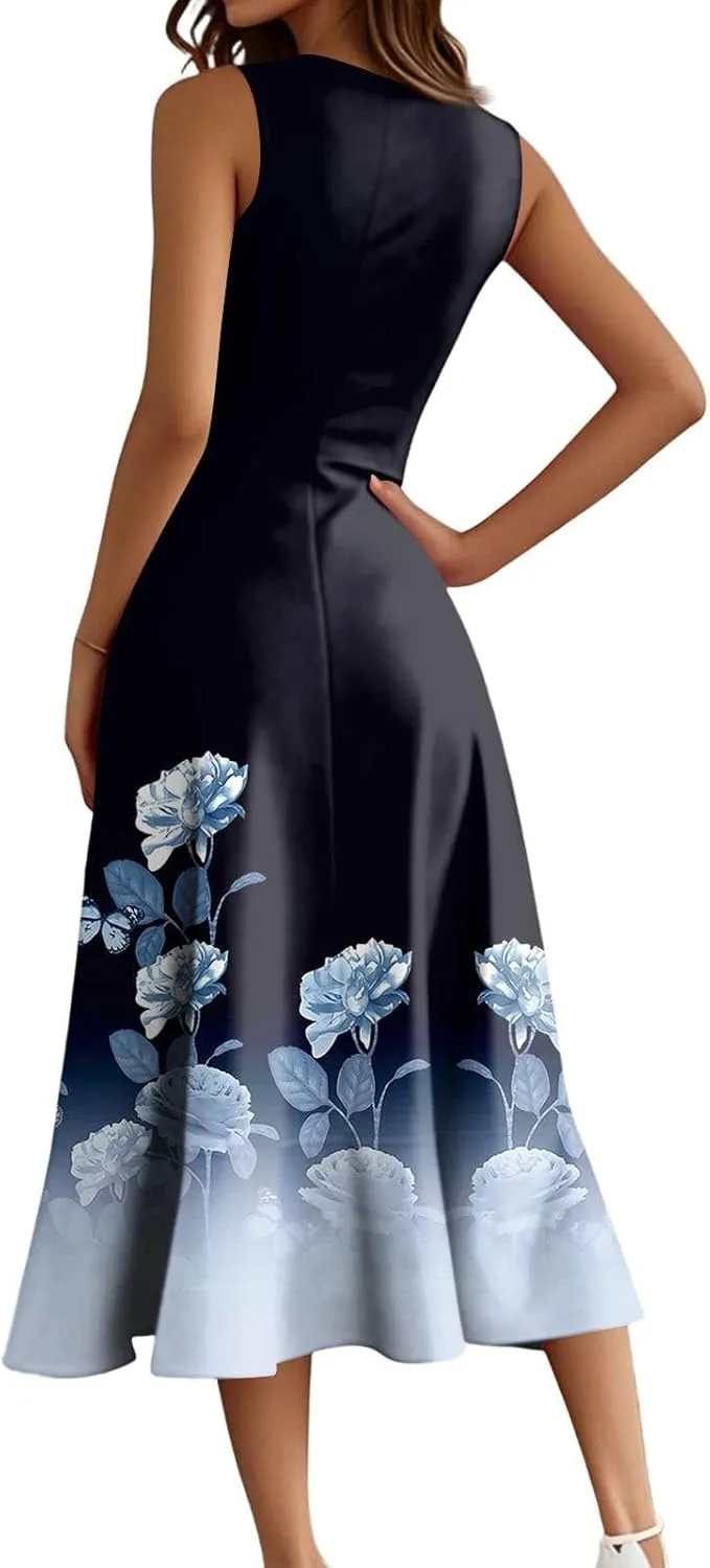 Summer Dress for Women Fashion Sleeveless Loose Floral Print Ladies Irregular Hem Outdoor 2025 Round Neck Midi Dress