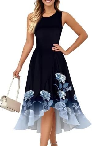 Summer Dress for Women Fashion Sleeveless Loose Floral Print Ladies Irregular Hem Outdoor 2025 Round Neck Midi Dress