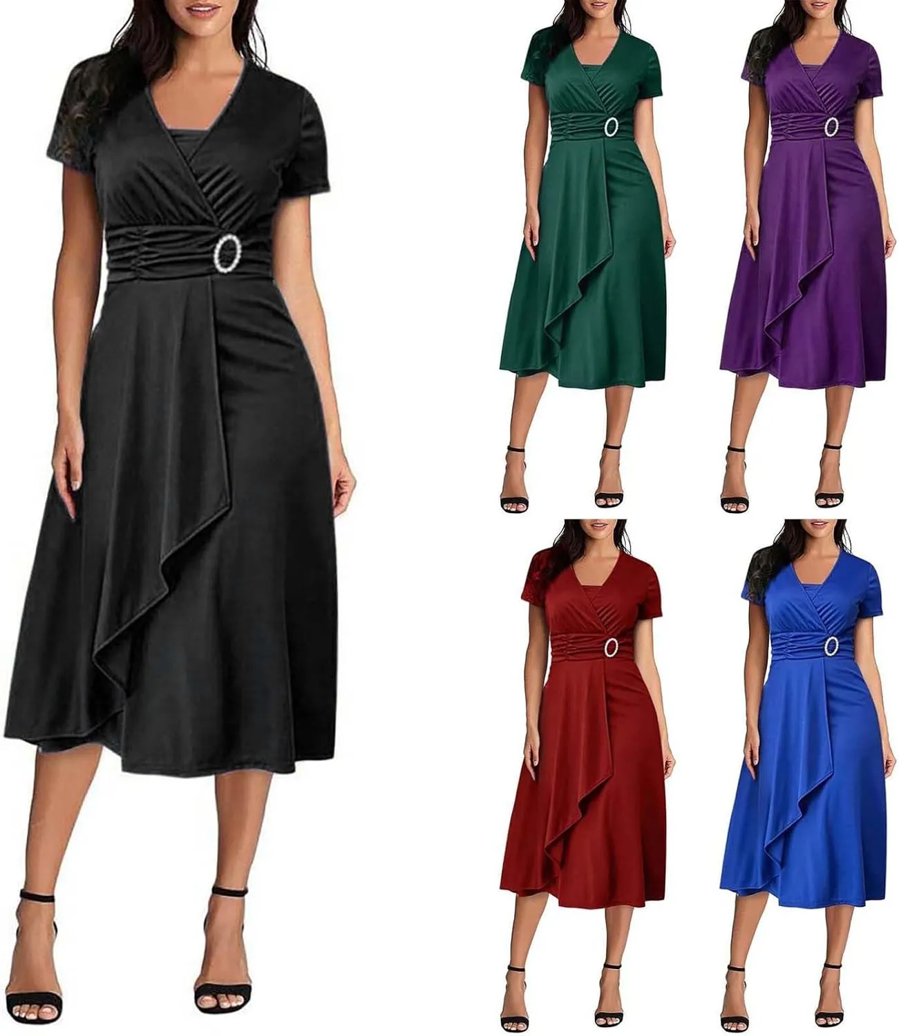 Summer Dresses 2023 Women Vintage Solid V Neck Short Sleeve Party Ruffled Long Irregular Hem Dress