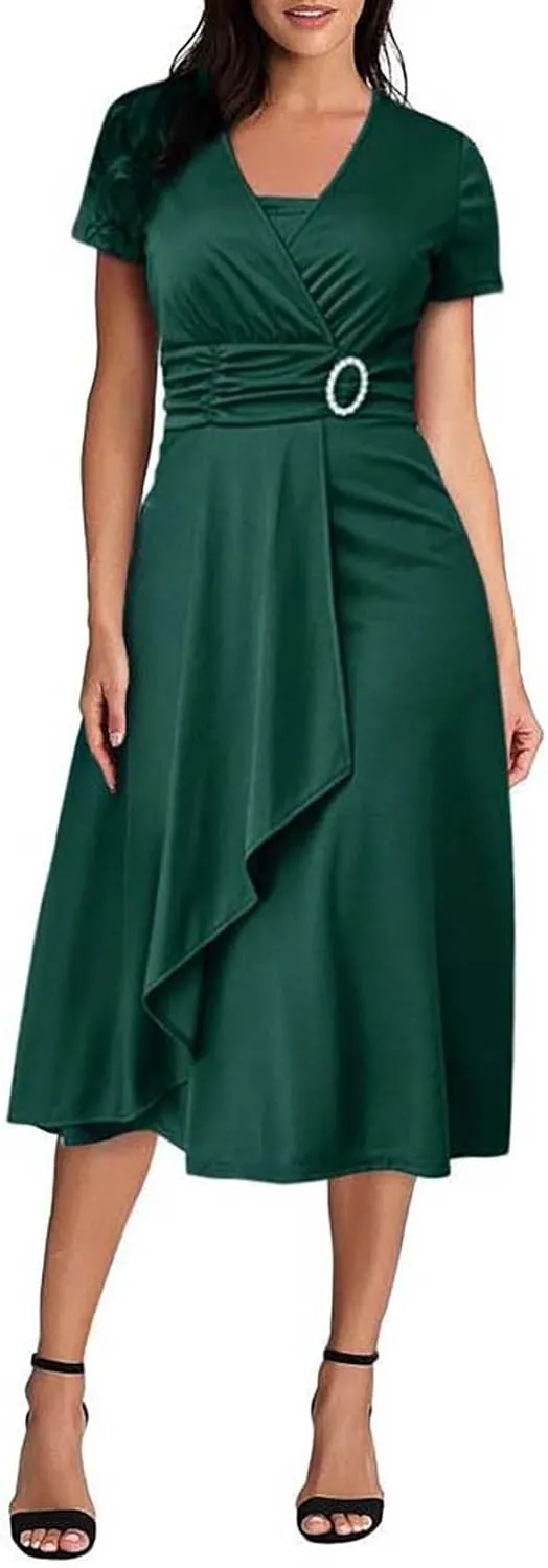 Summer Dresses 2023 Women Vintage Solid V Neck Short Sleeve Party Ruffled Long Irregular Hem Dress