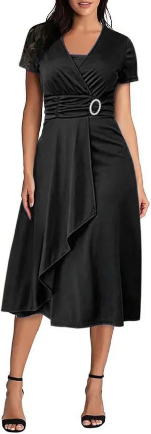 Summer Dresses 2023 Women Vintage Solid V Neck Short Sleeve Party Ruffled Long Irregular Hem Dress