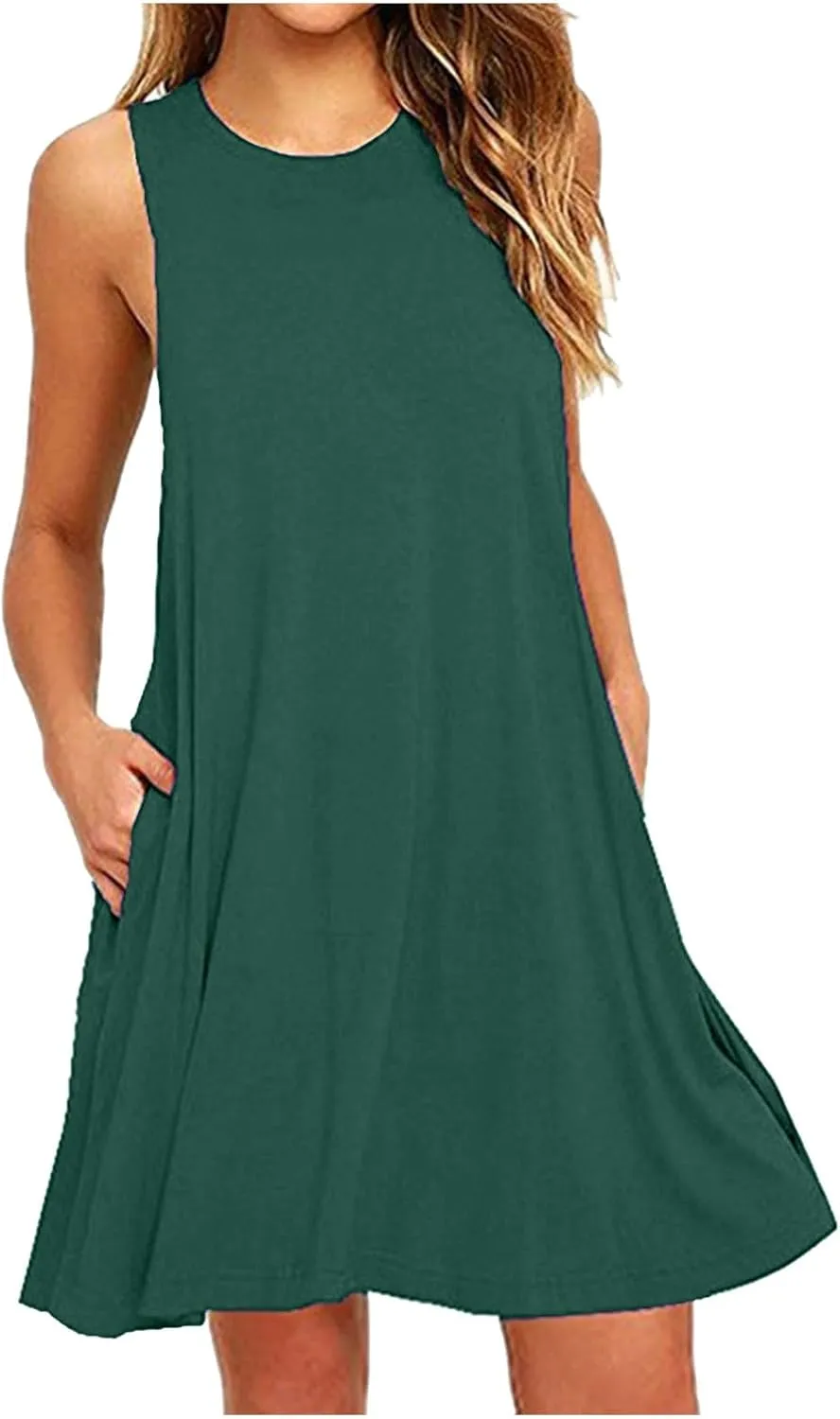 Summer Dresses for Women 2024 Casual Sleeveless Beach Swing Flaral Tank Dress Plain Loose Boho Sundress with Pockets