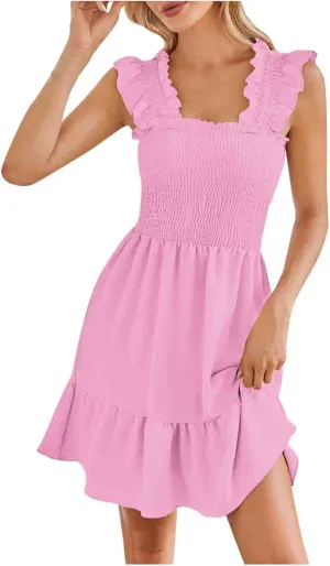 Summer Dresses for Women 2024 Casual Sleeveless Square Neck Smocked Ruffle Boho Tiered Mini Dress 2024 Trendy Sundress
