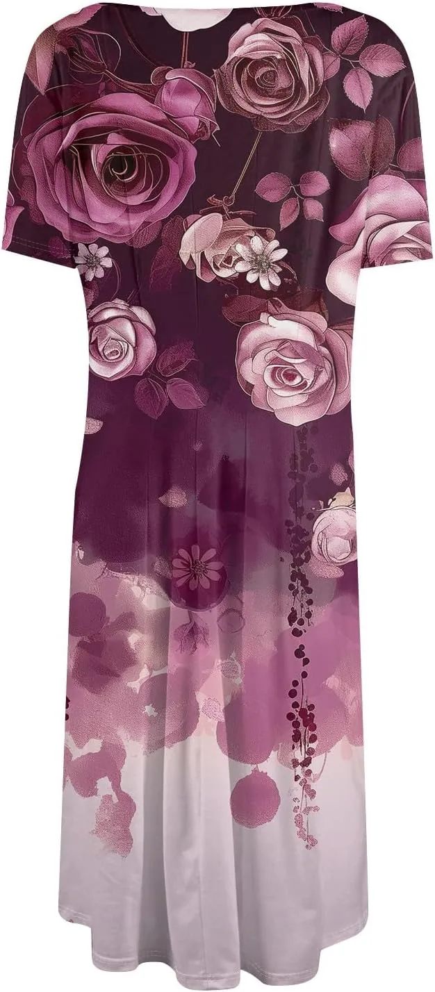 Summer Dresses for Women 2025 Casual Loose Crewneck Short Sleeve Boho Floral Sundresses Flowy Midi Dress with Pockets