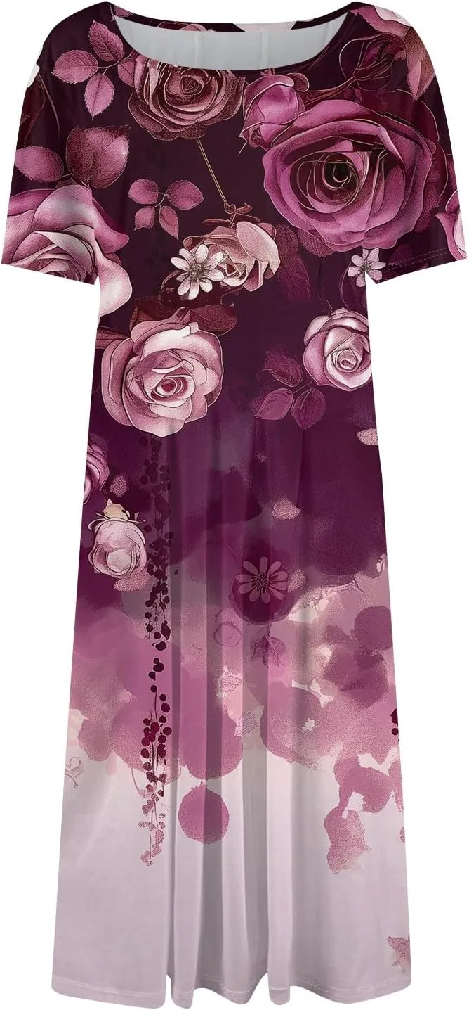 Summer Dresses for Women 2025 Casual Loose Crewneck Short Sleeve Boho Floral Sundresses Flowy Midi Dress with Pockets