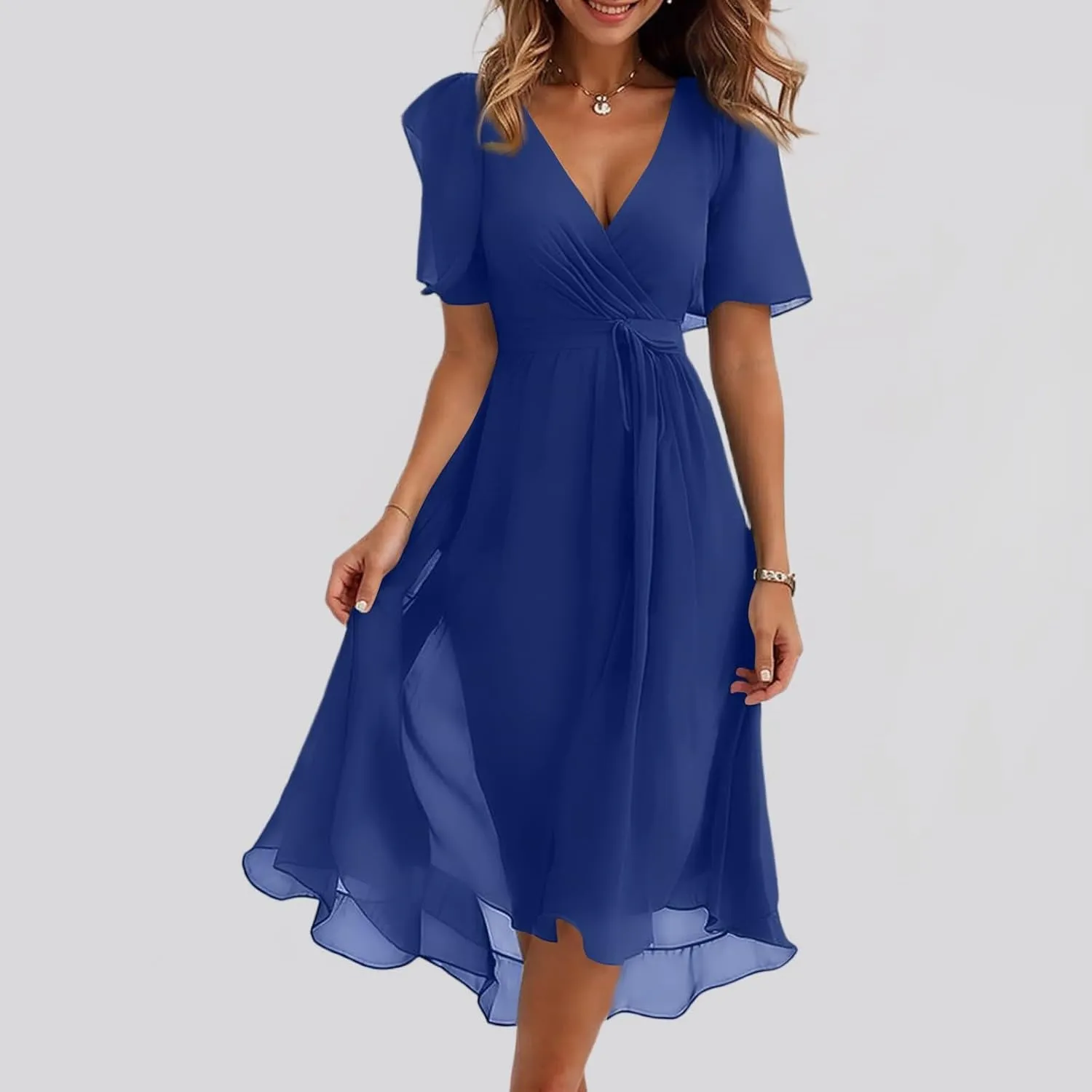 Summer Dresses for Women 2025 Casual Trendy Short Sleeve V-Neck Floral Printed Solid Vacation Cocktail Dress, S-2XL