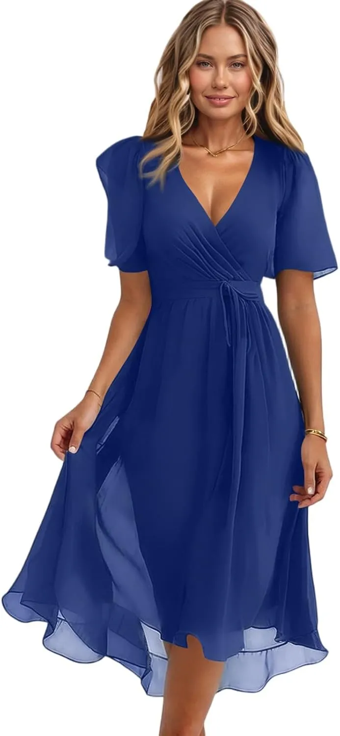Summer Dresses for Women 2025 Casual Trendy Short Sleeve V-Neck Floral Printed Solid Vacation Cocktail Dress, S-2XL