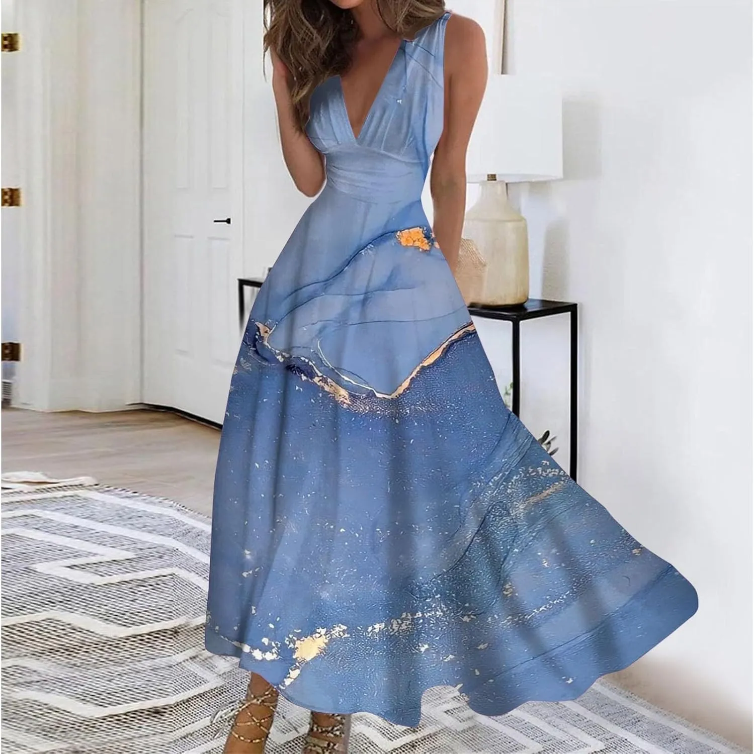 Summer Dresses for Women 2025,Women's Trendy Elegant Sleeveless Dresses Deep V Neck Wrap Floral Printed Boho Long Dress