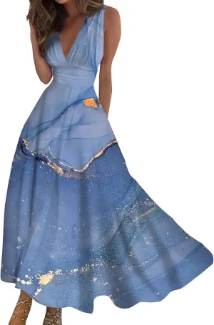 Summer Dresses for Women 2025,Women's Trendy Elegant Sleeveless Dresses Deep V Neck Wrap Floral Printed Boho Long Dress