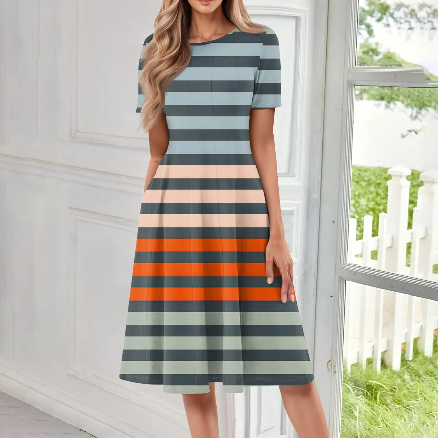 Summer Dresses for Women Flowy Floral Short Sleeve Dress Casual Beach Tshirt Dress Aline Midi Dresses with Pockets
