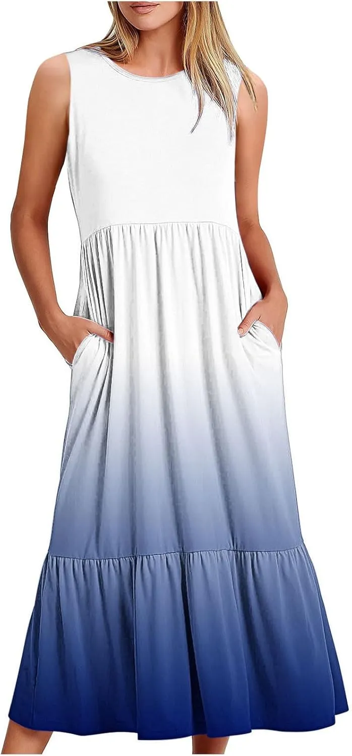 Summer Long Maxi Dresses for Women 2024 Casual Loose Sleeveless Gradient Color Dress Beach Pleated Flowy Sundress