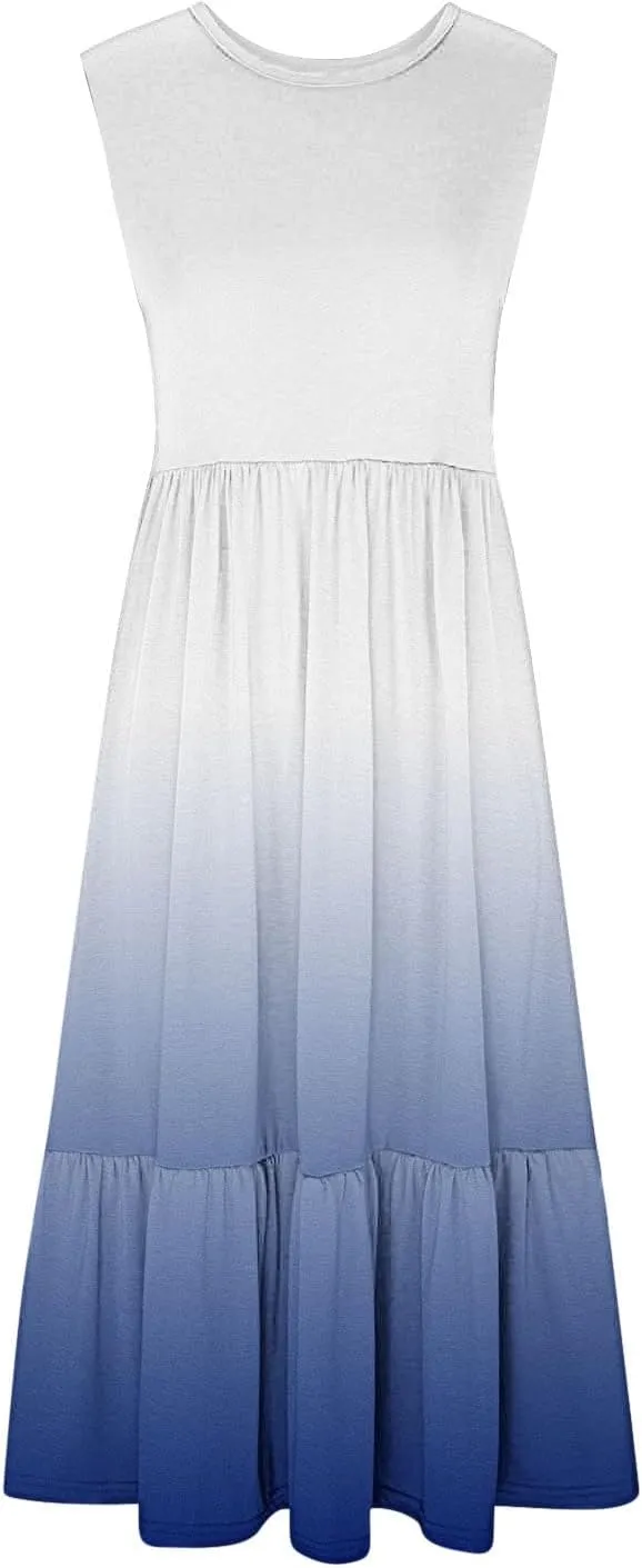 Summer Long Maxi Dresses for Women 2024 Casual Loose Sleeveless Gradient Color Dress Beach Pleated Flowy Sundress