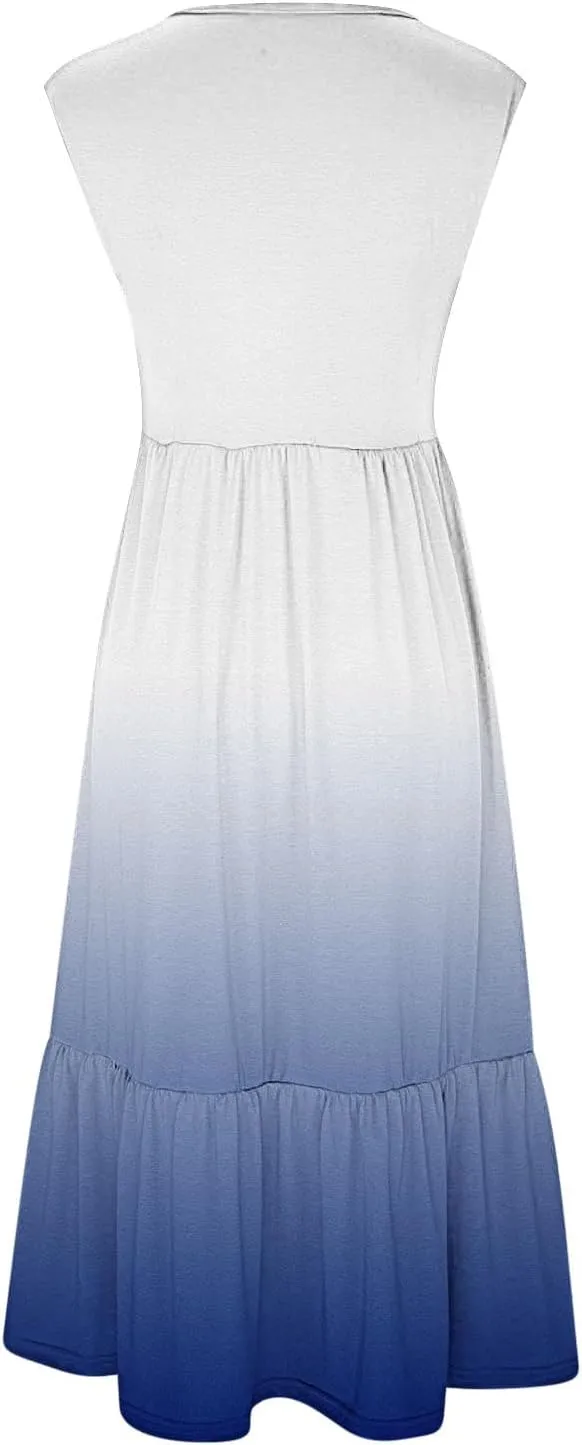 Summer Long Maxi Dresses for Women 2024 Casual Loose Sleeveless Gradient Color Dress Beach Pleated Flowy Sundress