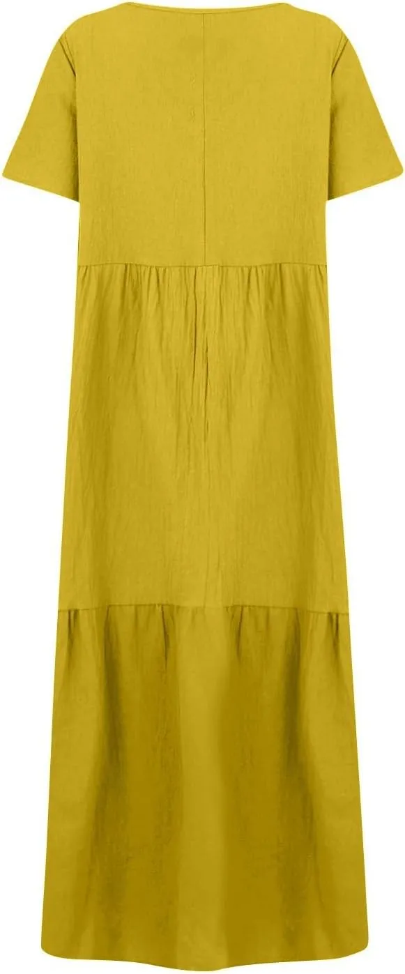 Summer Maxi Dresses for Women Plus Size Cotton Linen V Neck Tiered Dress Loose Casual Maternity Beach Long Flowy Dresses