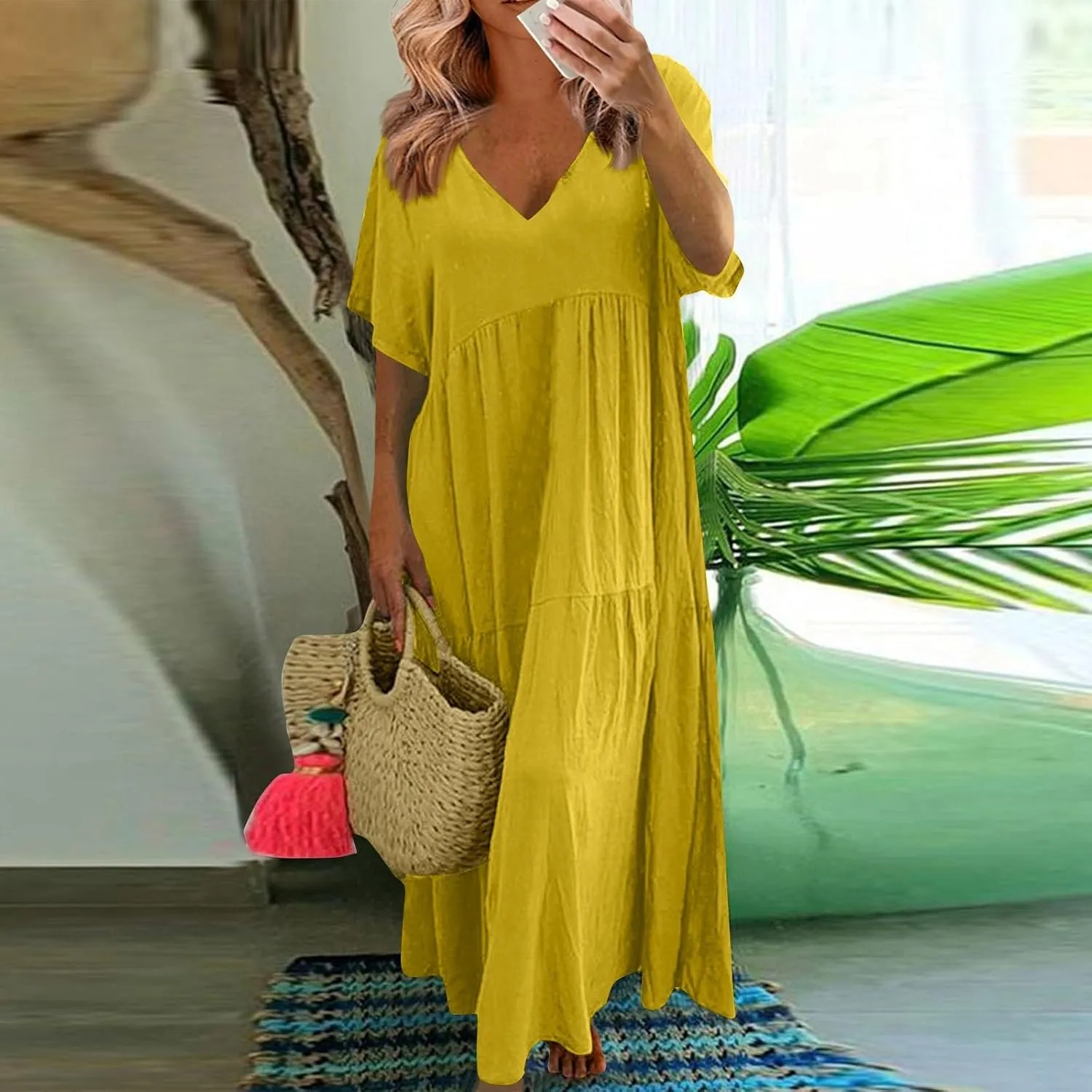 Summer Maxi Dresses for Women Plus Size Cotton Linen V Neck Tiered Dress Loose Casual Maternity Beach Long Flowy Dresses