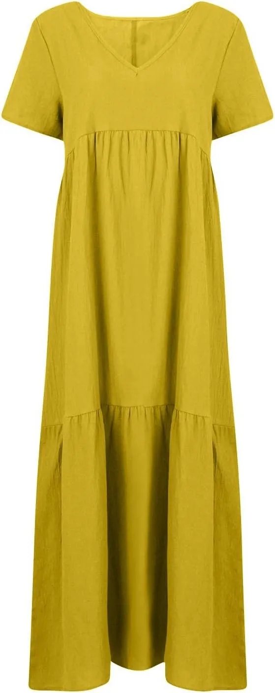 Summer Maxi Dresses for Women Plus Size Cotton Linen V Neck Tiered Dress Loose Casual Maternity Beach Long Flowy Dresses