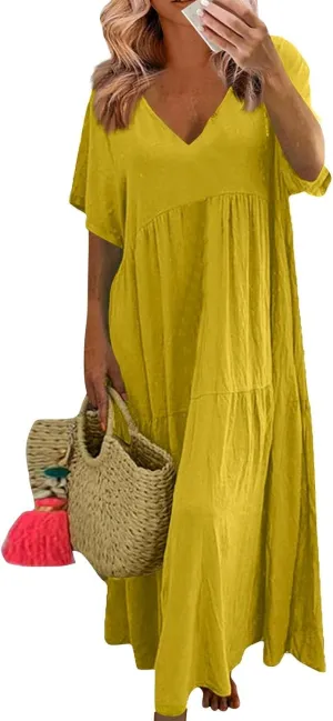 Summer Maxi Dresses for Women Plus Size Cotton Linen V Neck Tiered Dress Loose Casual Maternity Beach Long Flowy Dresses