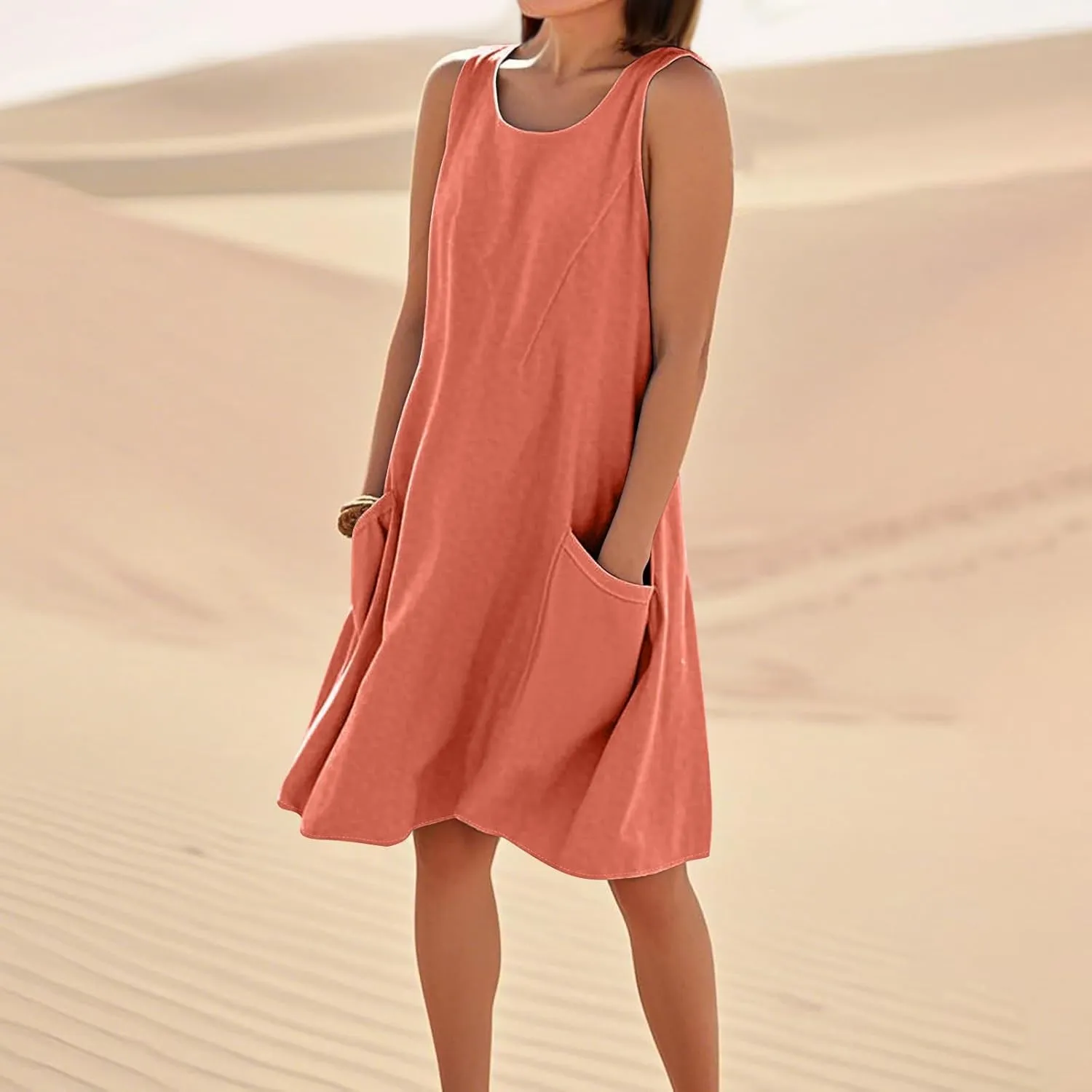 Summer Tank Dresses for Women 2025 Loose Beach Vacation Clothes Casual Sleeveless Linen Sundresses with Pockets