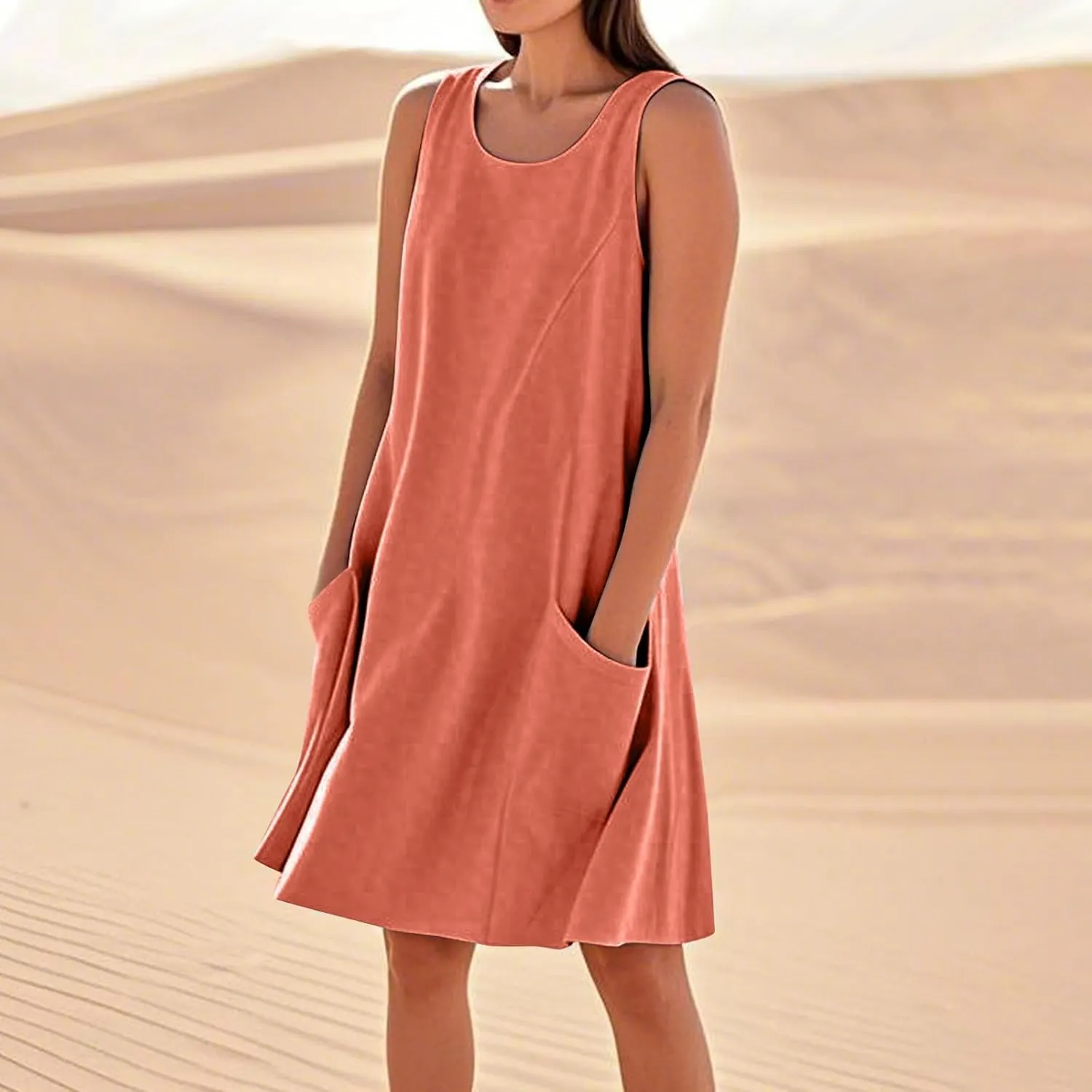 Summer Tank Dresses for Women 2025 Loose Beach Vacation Clothes Casual Sleeveless Linen Sundresses with Pockets