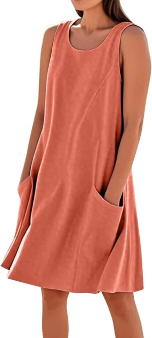 Summer Tank Dresses for Women 2025 Loose Beach Vacation Clothes Casual Sleeveless Linen Sundresses with Pockets