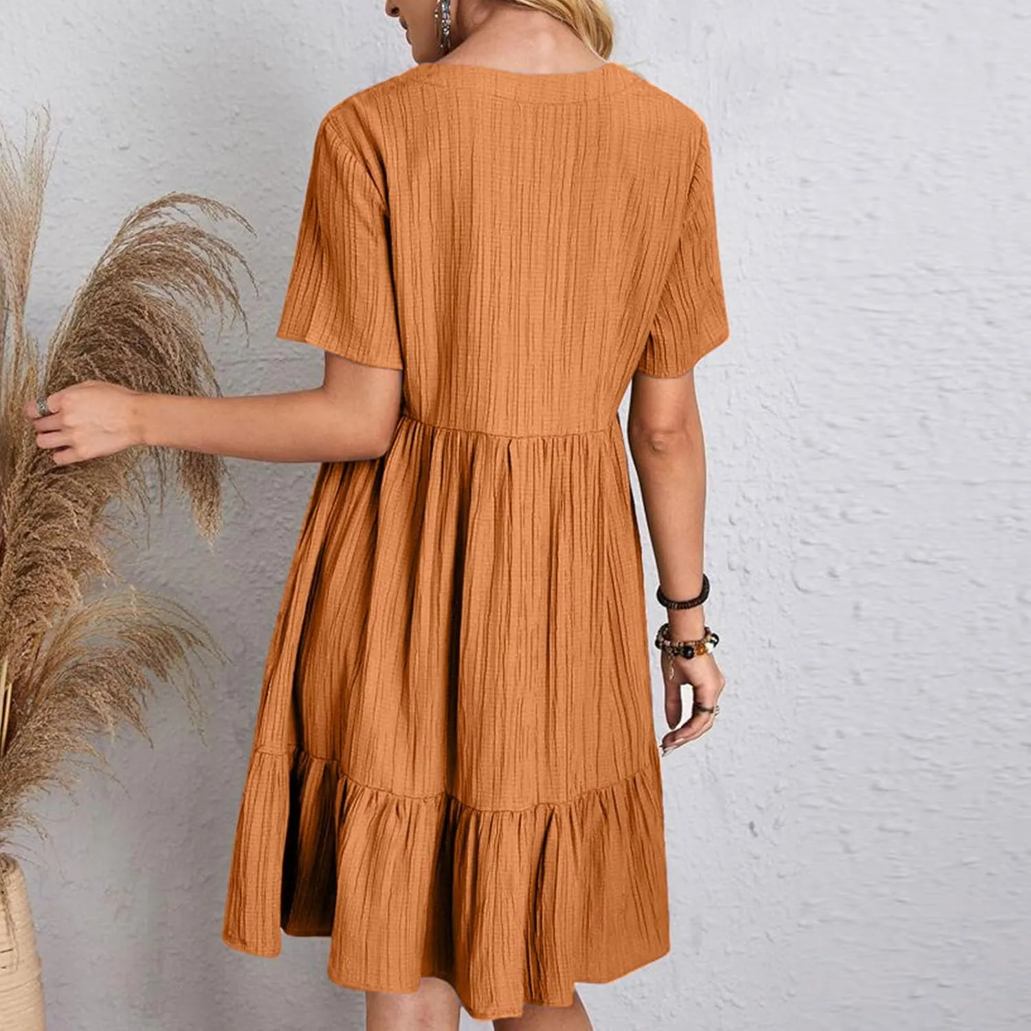 Summer Tiered Mini Dresses for Women Summer Ruffle Short Sleeve V Neck Beach Dress Swing A-Line Babydoll Dress