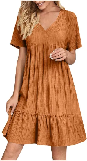 Summer Tiered Mini Dresses for Women Summer Ruffle Short Sleeve V Neck Beach Dress Swing A-Line Babydoll Dress