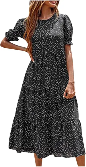 Summer Womens Casual Dresses Vintage Floral Maxi Dress Crew Ruffle Sleeve Tiered Dress Flowy Boho Beach Sundress