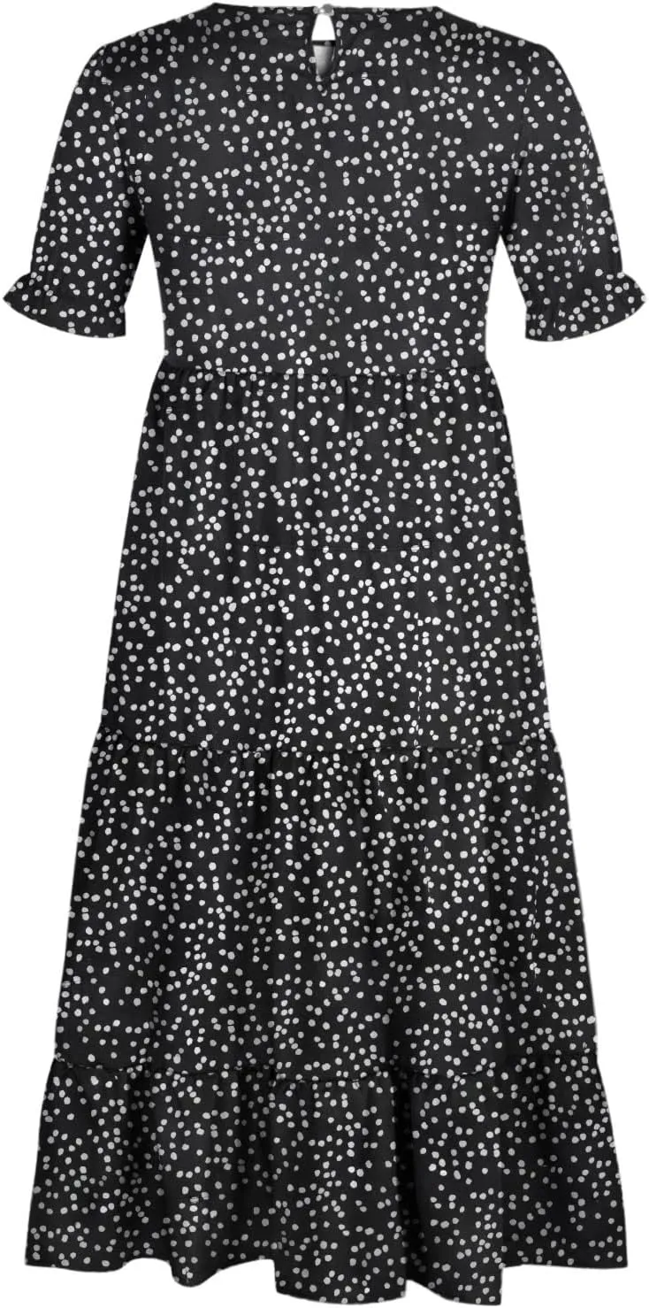 Summer Womens Casual Dresses Vintage Floral Maxi Dress Crew Ruffle Sleeve Tiered Dress Flowy Boho Beach Sundress