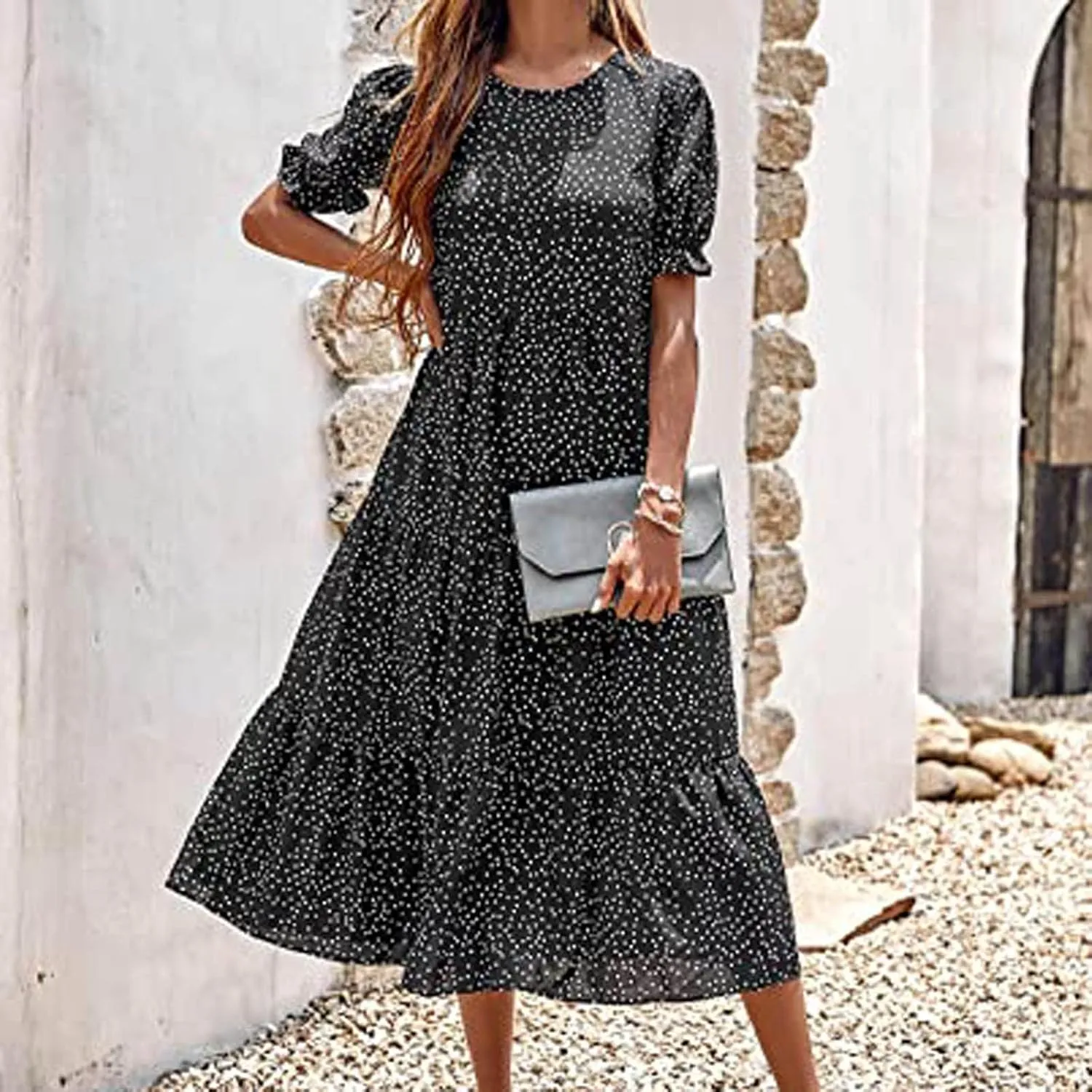 Summer Womens Casual Dresses Vintage Floral Maxi Dress Crew Ruffle Sleeve Tiered Dress Flowy Boho Beach Sundress