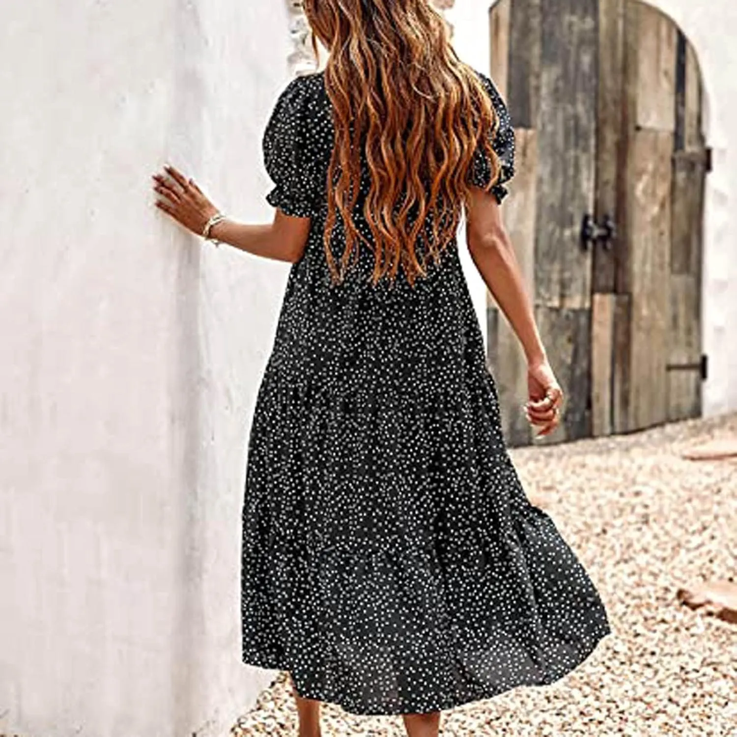 Summer Womens Casual Dresses Vintage Floral Maxi Dress Crew Ruffle Sleeve Tiered Dress Flowy Boho Beach Sundress