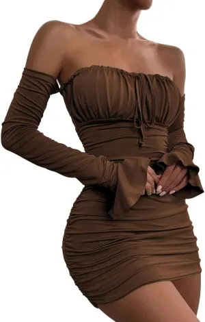 Sun Dresses for Women 2025 Vacation Vintage Off Shoulder Mesh Dress Corset Tube Sundress Strapless Ruched Dress